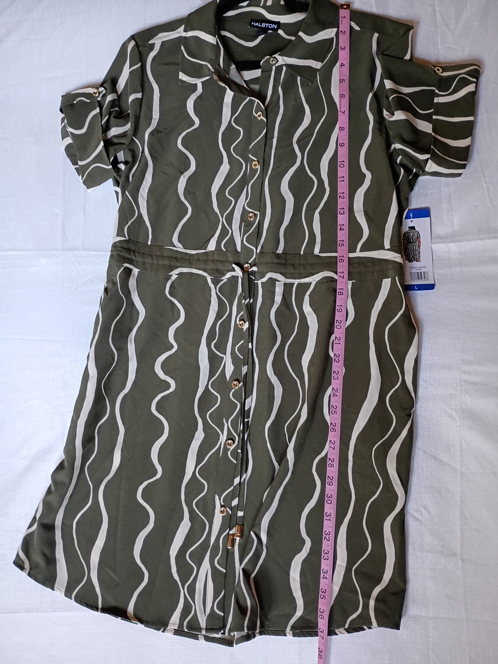 Halston Heritage Olive and Cream Wave-Print Midi Shirt Dress Size L - Picture 8 of 10